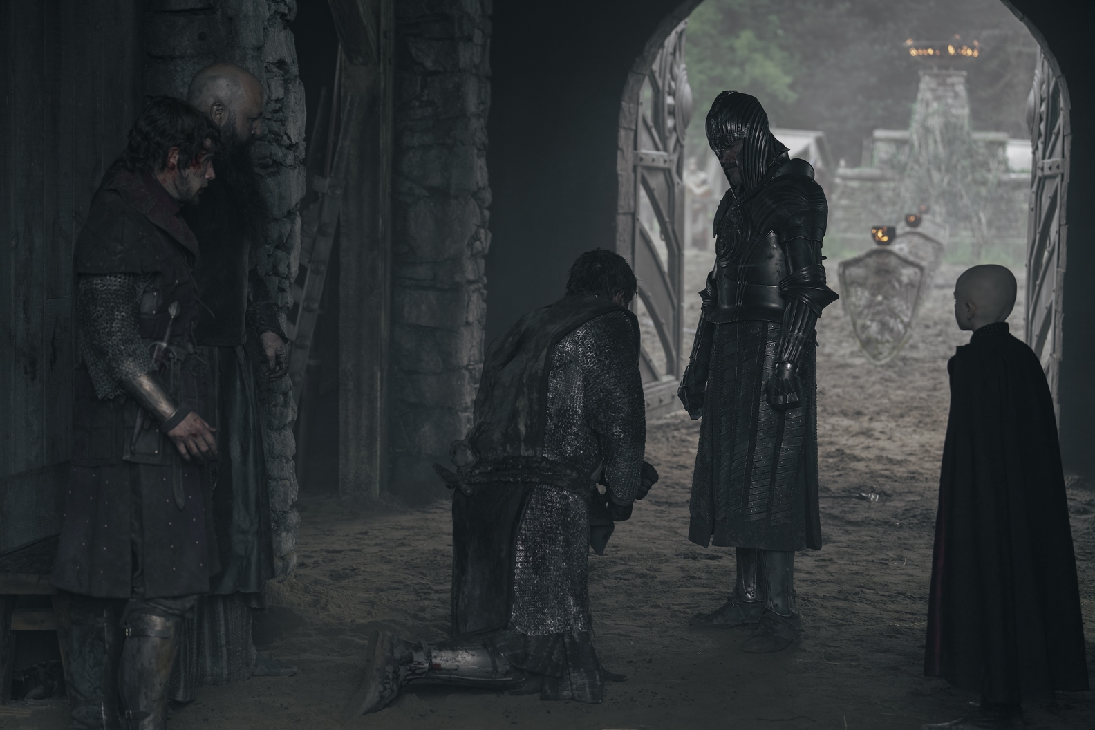 Peter Claffey as Dunk, Bertie Carvel as Prince Baelor, and Dexter Sol Ansell as Egg in the Trial of Seven episode